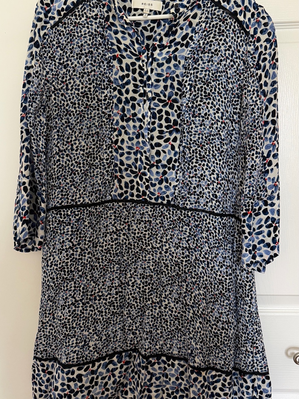 Reiss Navy and White Mixed Floral-Leopard Print Dress with Red Accents